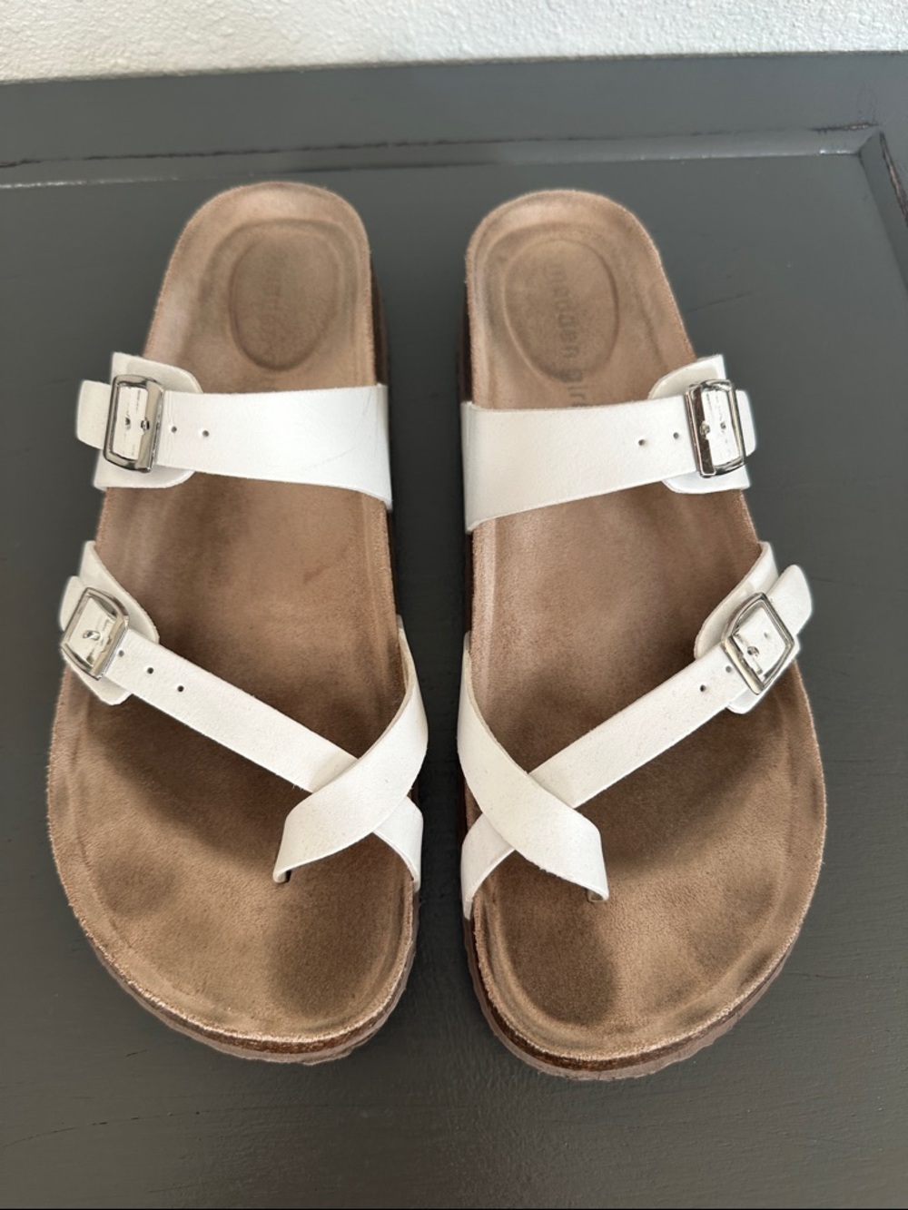 Madden Girl White Buckle Strap Cross-Toe Sandals